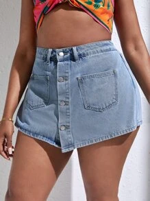 SHEIN SXY Plus Button Front Denim Skort - Light Wash - View 6