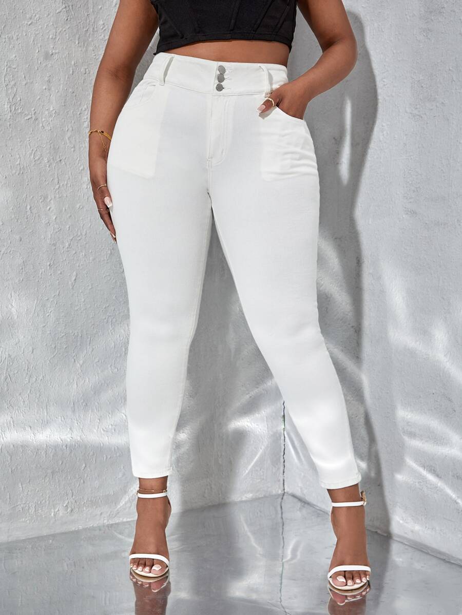 SHEIN SXY Quần Denim kích thước lớn Nút Túi Dây kéo màu trơn - trắng - Xem 1