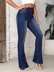 SHEIN Tall High Waist Flare Leg Jeans - Dark Wash - View 6