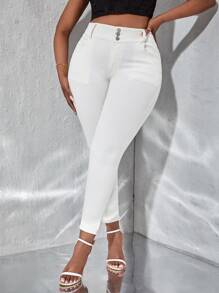 SHEIN SXY Quần Denim kích thước lớn Nút Túi Dây kéo màu trơn - trắng - Xem 3