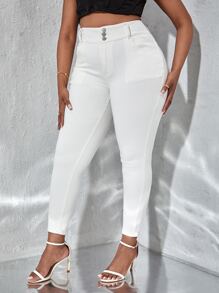 SHEIN SXY Quần Denim kích thước lớn Nút Túi Dây kéo màu trơn - trắng - Xem 4