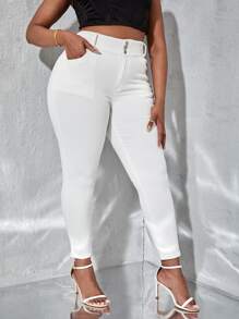 SHEIN SXY Quần Denim kích thước lớn Nút Túi Dây kéo màu trơn - trắng - Xem 5