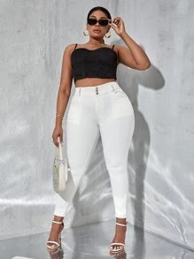 SHEIN SXY Quần Denim kích thước lớn Nút Túi Dây kéo màu trơn - trắng - Xem 6