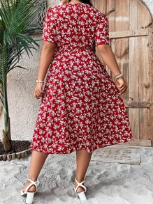 SHEIN Holidaya 大碼滿版印花泡泡袖交叉領洋裝 - 紅色 - 查看 3