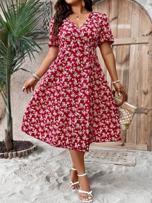 SHEIN Holidaya 大碼滿版印花泡泡袖交叉領洋裝 - 紅色 - 查看 4