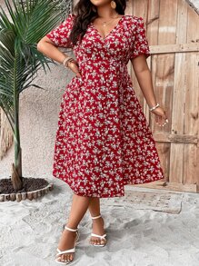 SHEIN Holidaya 大碼滿版印花泡泡袖交叉領洋裝 - 紅色 - 查看 5