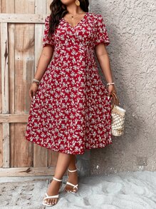 SHEIN Holidaya 大碼滿版印花泡泡袖交叉領洋裝 - 紅色 - 查看 6