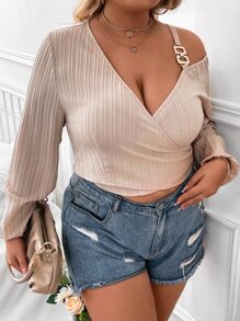 Celure Plus Asymmetrical Neck Lantern Sleeve Crop Blouse - Apricot - View 1