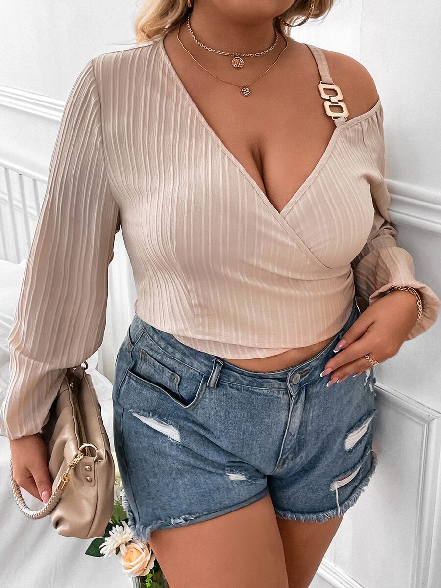 Celure Plus Asymmetrical Neck Lantern Sleeve Crop Blouse - Apricot - View 1