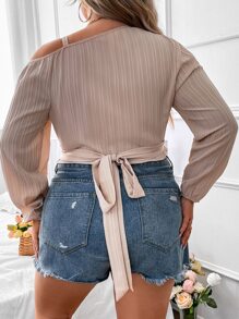 Celure Plus Asymmetrical Neck Lantern Sleeve Crop Blouse - Apricot - View 2