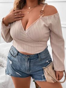 Celure Plus Asymmetrical Neck Lantern Sleeve Crop Blouse - Apricot - View 3