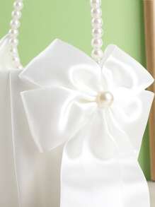 1入組白色花女孩人造珍珠和蝴蝶結裝飾婚禮花籃適用於婚禮派對