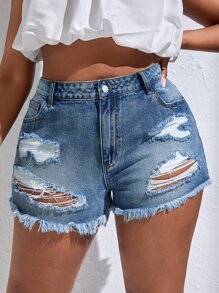 SHEIN SXY Plus Ripped Raw Hem Denim Shorts - Medium Wash - View 1