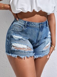 SHEIN SXY Plus Ripped Raw Hem Denim Shorts - Medium Wash - View 5