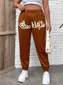 Flirla Plus Letter Graphic Elastic Waist Joggers - Brown - View 3
