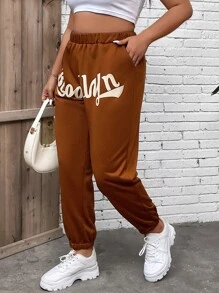Flirla Plus Letter Graphic Elastic Waist Joggers - Brown - View 5