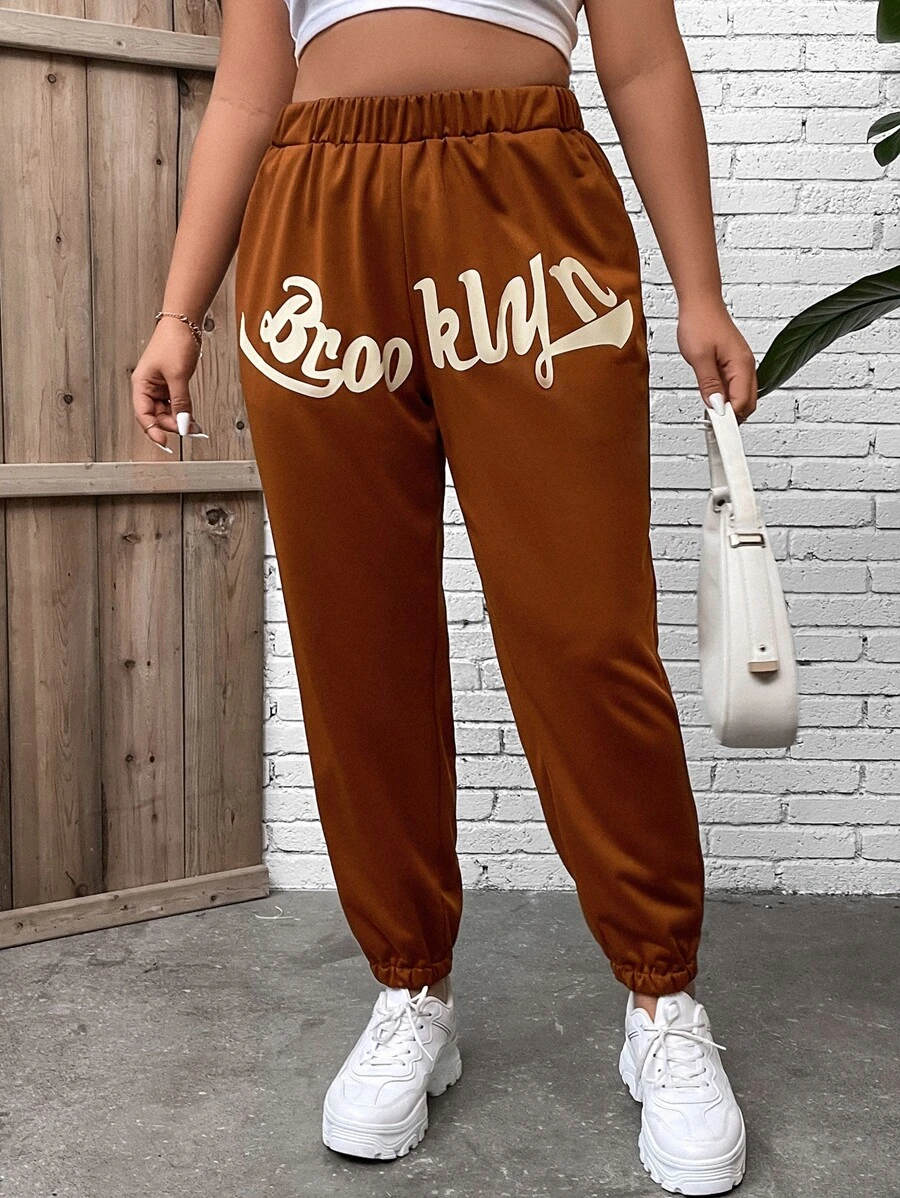 Flirla Plus Letter Graphic Elastic Waist Joggers - Brown - View 1