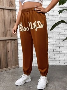 Flirla Plus Letter Graphic Elastic Waist Joggers - Brown - View 6