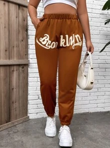 Flirla Plus Letter Graphic Elastic Waist Joggers - Brown - View 2