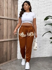 Flirla Plus Letter Graphic Elastic Waist Joggers - Brown - View 7