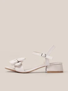 Sandalias de tacón bajo grueso con decoración de lazo para mujer, sandalias elegantes con correa de tobillo para verano al aire libre - Beis - Ver 3