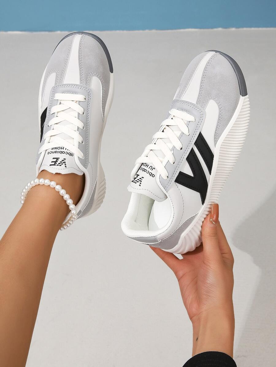 運動跑步鞋適用於女士字母圖案繫帶運動鞋