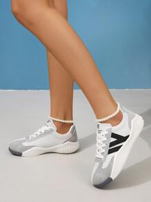 運動跑步鞋適用於女士字母圖案繫帶運動鞋