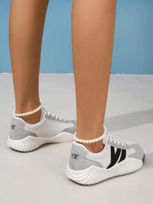 運動跑步鞋適用於女士字母圖案繫帶運動鞋