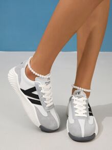 運動跑步鞋適用於女士字母圖案繫帶運動鞋