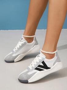 運動跑步鞋適用於女士字母圖案繫帶運動鞋