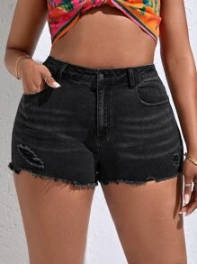 SHEIN SXY Plus Ripped Raw Hem Denim Shorts