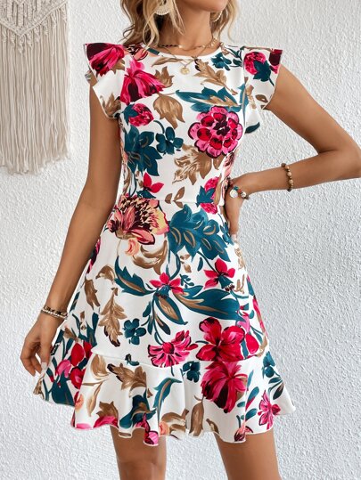 SHEIN VCAY Summer Women Floral Print Ruffle Trim Short Dress