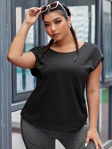 Plus Twist Backless Batwing Sleeve Sports Tee - Black - View 2