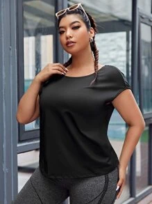 Plus Twist Backless Batwing Sleeve Sports Tee - Black - View 3