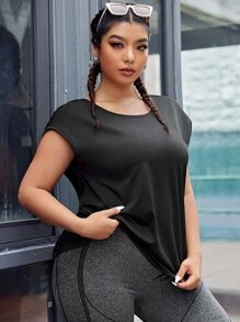 Plus Twist Backless Batwing Sleeve Sports Tee - Black - View 5