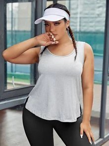 Plus Split Hem Sports Tank Top - Light Grey - View 4