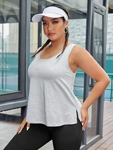 Plus Split Hem Sports Tank Top - Light Grey - View 5