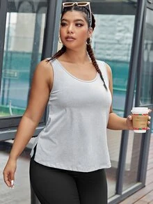 Plus Split Hem Sports Tank Top - Light Grey - View 6