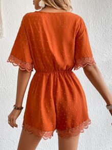 SHEIN VCAY 圓點拼接蕾絲邊交疊領連身短褲 - 亮橙色 - 查看 2