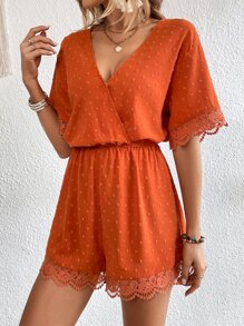 SHEIN VCAY 圓點拼接蕾絲邊交疊領連身短褲 - 亮橙色 - 查看 7