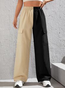 SHEIN PETITE Two Tone Flap Pocket Side Cargo Pants