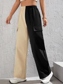 SHEIN PETITE Two Tone Flap Pocket Side Cargo Pants