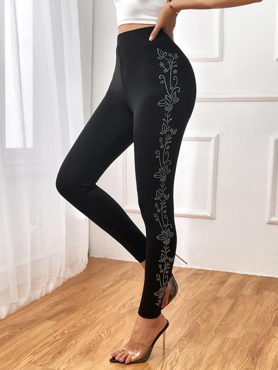 SHEIN Unity Floral Rhinestone High Waist Leggings - Black - View 1
