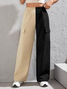 SHEIN PETITE Two Tone Flap Pocket Side Cargo Pants