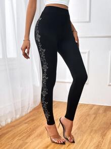 SHEIN Unity Floral Rhinestone High Waist Leggings - Black - View 4