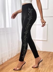 SHEIN Unity Floral Rhinestone High Waist Leggings - Black - View 5