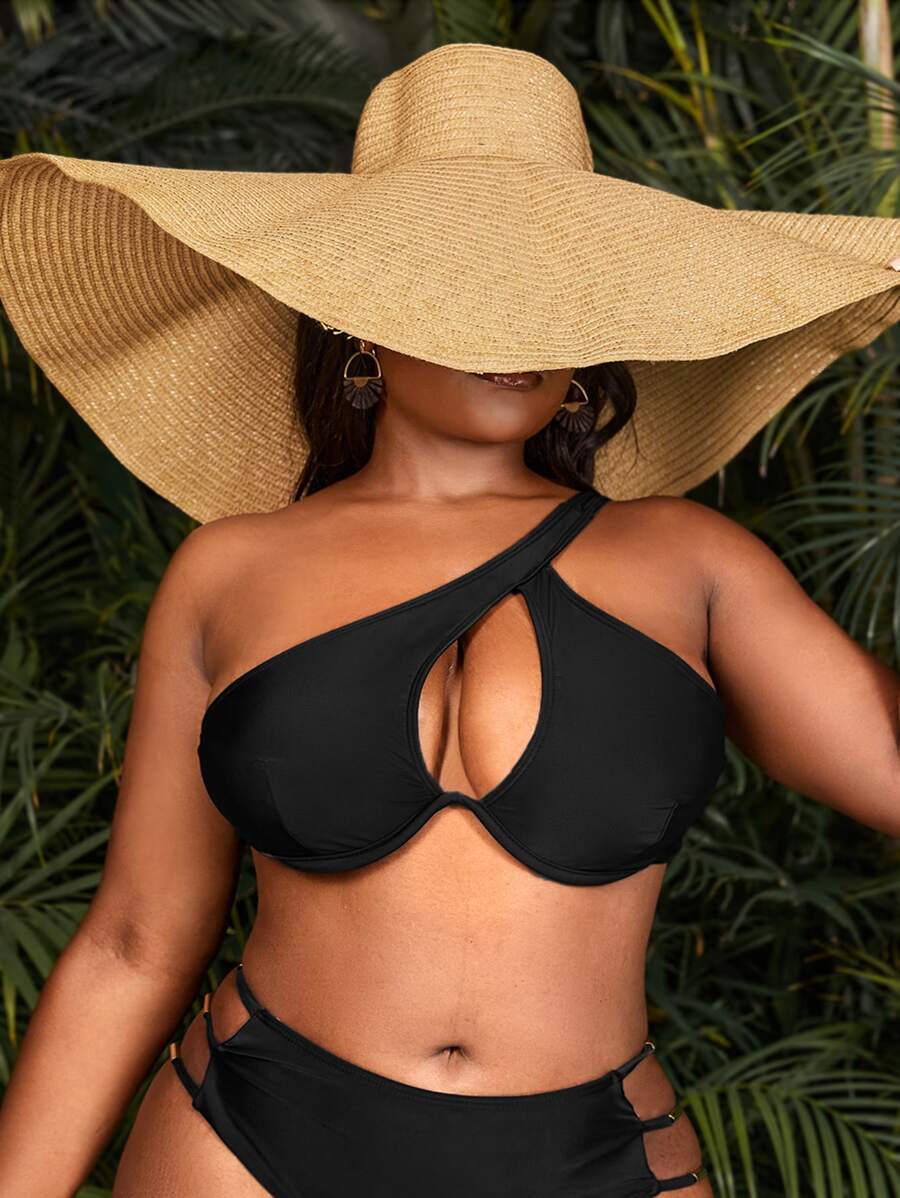 SHEIN Swim Curve Summer Plus Size One Shoulder Cut Out Underwire Push Up Bikini Top - Black - View 1