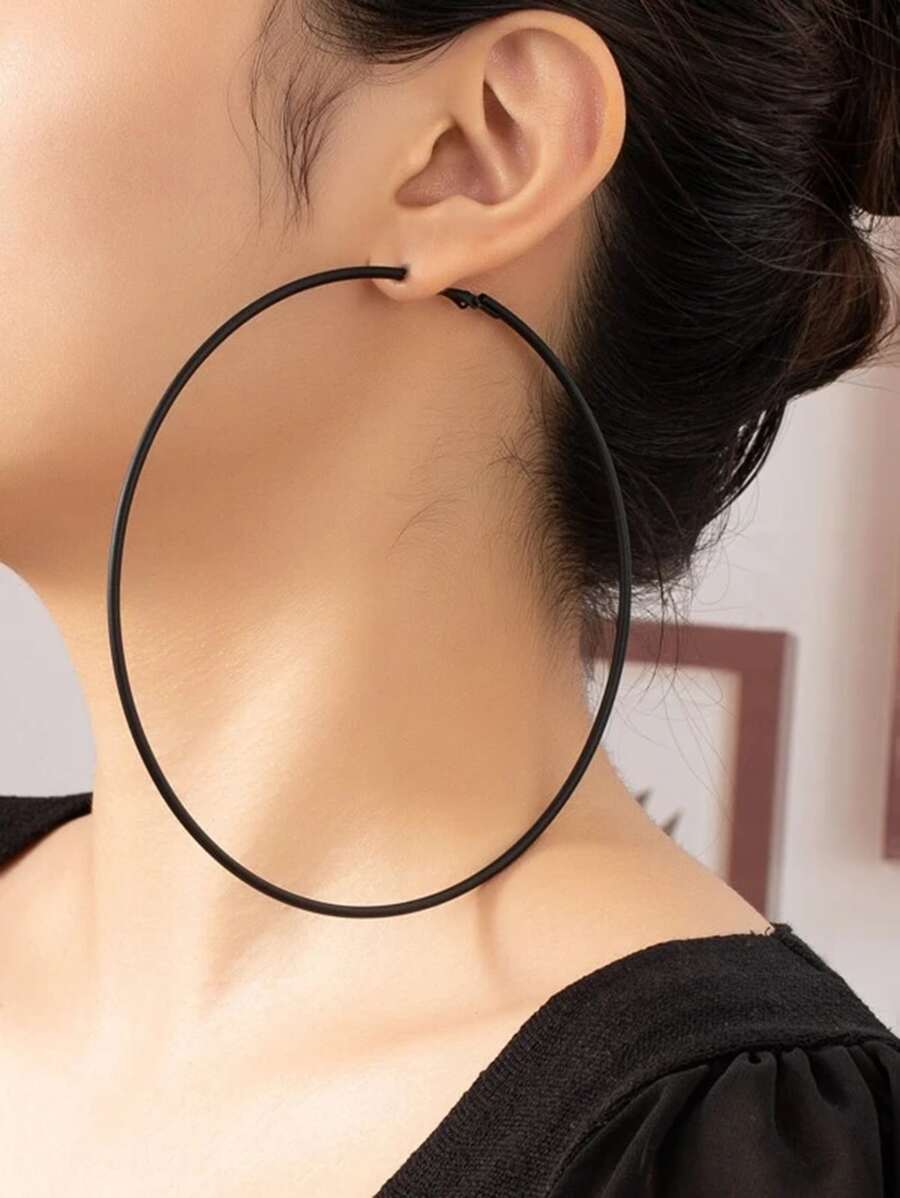 極簡圓耳環 - 黑色 - 查看 1