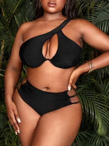 SHEIN Swim Curve Summer Plus Size One Shoulder Cut Out Underwire Push Up Bikini Top - Black - View 3