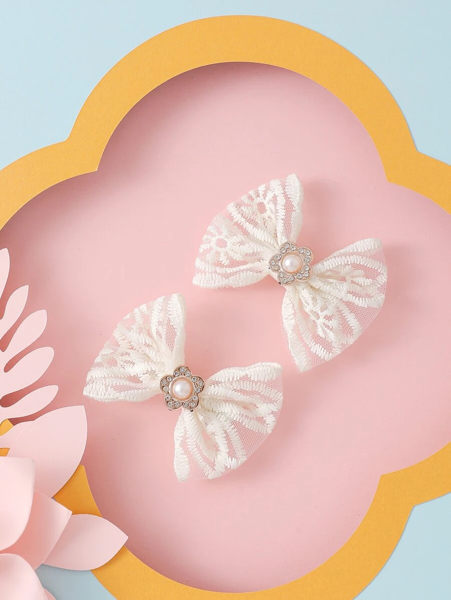 2入組小女童蝴蝶結裝飾髮夾 - 米色 - 查看 1